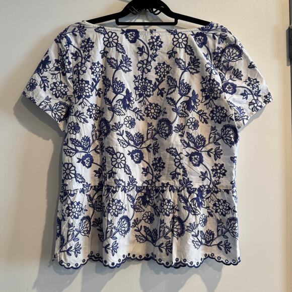 New Talbots Peplum Top Blue Embroidered Floral Scalloped Hem Short Sleeve Sz 14 - Picture 6 of 6